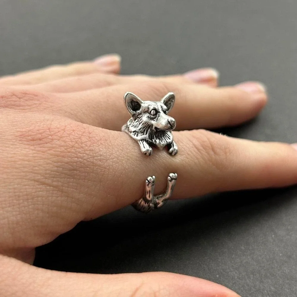 Vintage Y2K silver corgi ring dog pet animal grunge boho